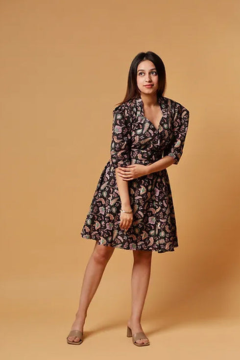 Myra Black Printed Midi Dress With Belt